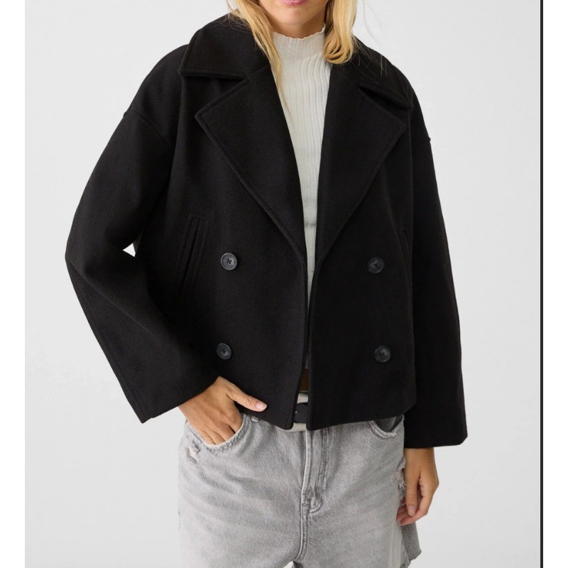 Wool Coat Peacoat - معطف نسائي قصير بقصة فضفاضة مزدوج