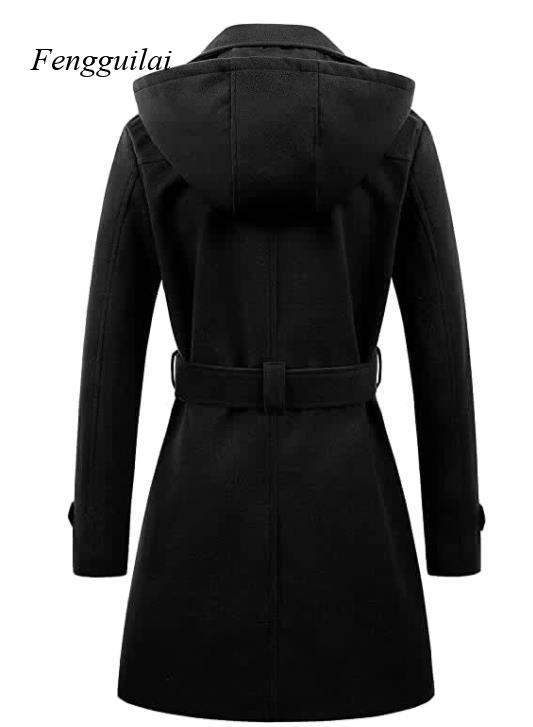 معطف نسائي أسود بقلنسوة وحزام، - مراجعة Wool Coat Peacoat وسعره